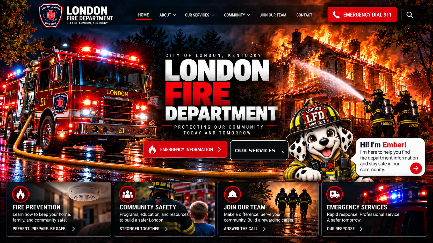 London Fire Department homepage showing a fire engine, firefighters responding to a house fire, Ember the fire safety helper, and department service links.